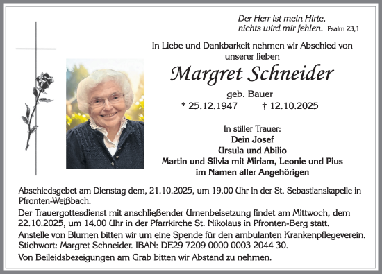 Traueranzeige von Margret Schneider von Allgäuer Zeitung, Füssen