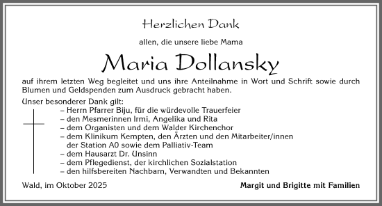 Traueranzeige von Maria Dollansky von Allgäuer Zeitung, Marktoberdorf