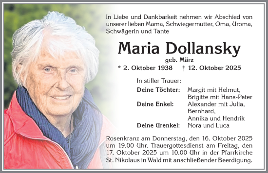 Traueranzeige von Maria Dollansky von Allgäuer Zeitung, Marktoberdorf