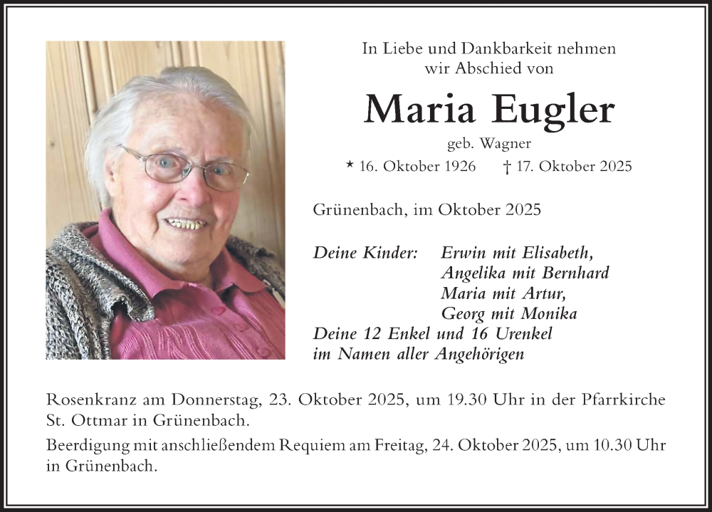  Traueranzeige für Maria Eugler vom 22.10.2025 aus Der Westallgäuer
