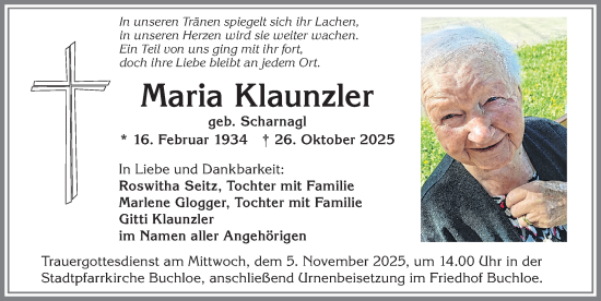 Traueranzeige von Maria Klaunzler von Allgäuer Zeitung, Kaufbeuren/Buchloe