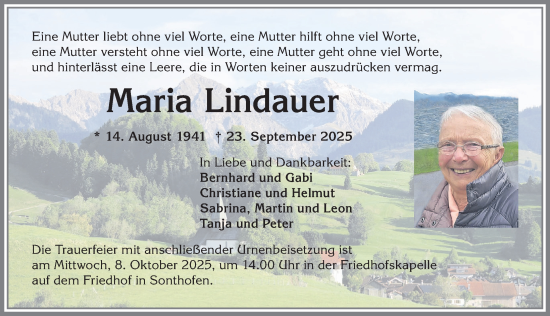 Traueranzeige von Maria Lindauer von Allgäuer Anzeigeblatt