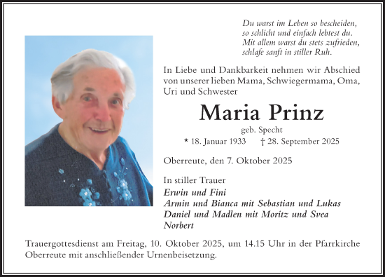 Traueranzeige von Maria Prinz von Der Westallgäuer