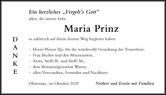 Traueranzeige von Maria Prinz von Der Westallgäuer