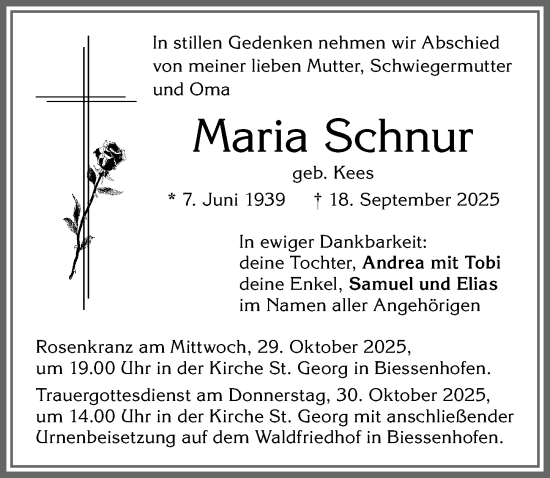Traueranzeige von Maria Schnur von Allgäuer Zeitung, Kaufbeuren/Buchloe