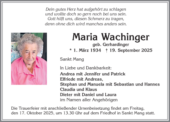Traueranzeige von Maria Wachinger von Allgäuer Zeitung,Kempten