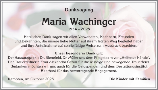 Traueranzeige von Maria Wachinger von Allgäuer Zeitung,Kempten