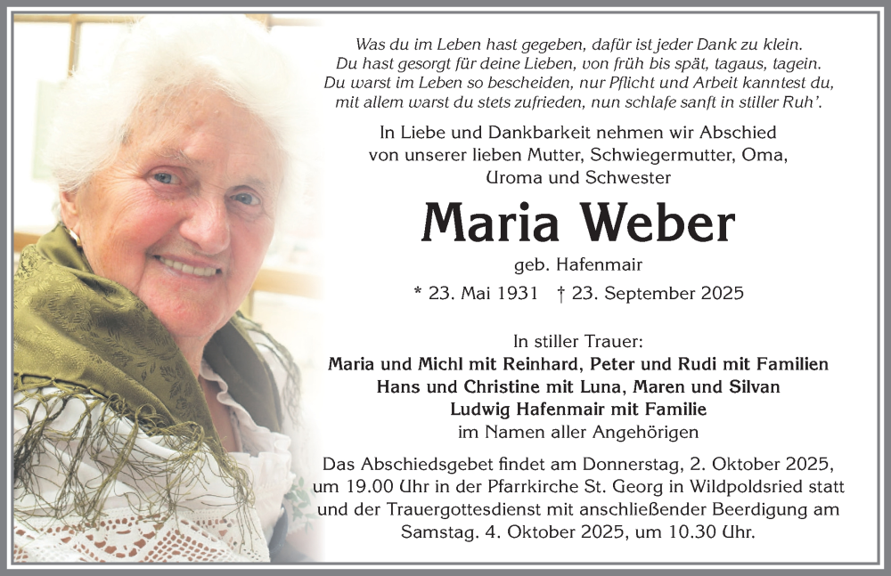  Traueranzeige für Maria Weber vom 01.10.2025 aus Allgäuer Zeitung,Kempten