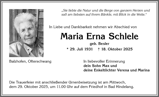 Traueranzeige von Maria Erna Schlele von Allgäuer Anzeigeblatt