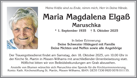 Traueranzeige von Maria Magdalena Elgaß von Allgäuer Anzeigeblatt