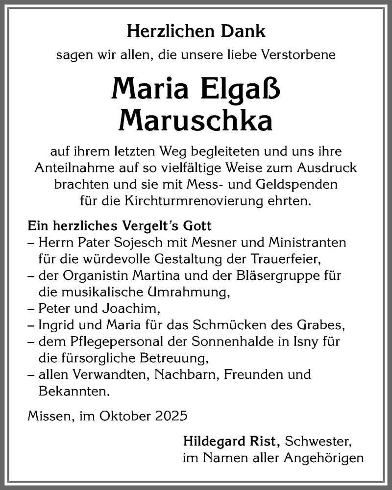  Traueranzeige für Maria Magdalena Elgaß vom 31.10.2025 aus Allgäuer Anzeigeblatt