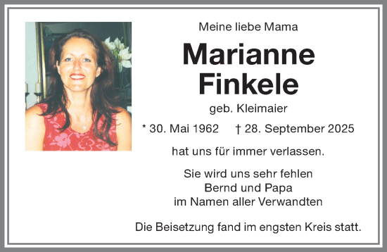 Traueranzeige von Marianne Finkele von Memminger Zeitung