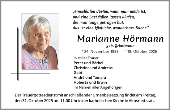 Traueranzeige von Marianne Hörmann von Allgäuer Zeitung,Kempten