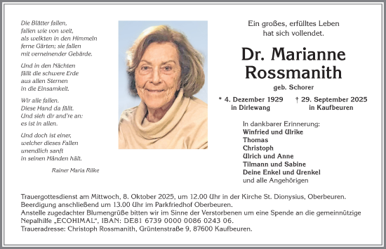 Traueranzeige von Marianne Rossmanith von Allgäuer Zeitung, Kaufbeuren/Buchloe