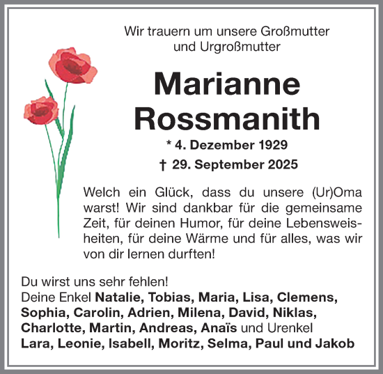 Traueranzeige von Marianne Rossmanith von Allgäuer Zeitung, Kaufbeuren/Buchloe