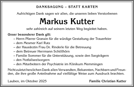 Traueranzeige von Markus Kutter von Memminger Zeitung