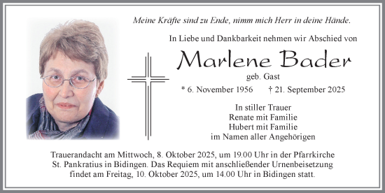 Traueranzeige von Marlene Bader von Allgäuer Zeitung, Marktoberdorf