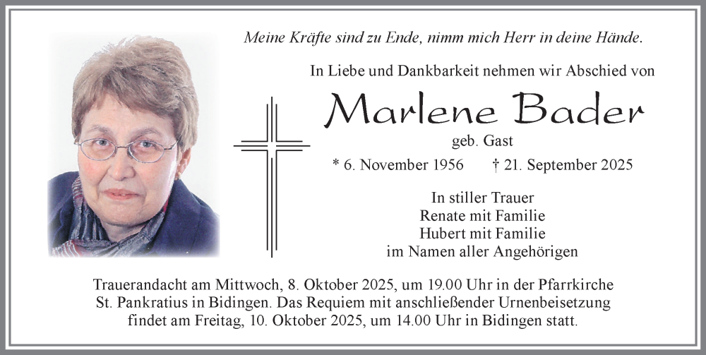  Traueranzeige für Marlene Bader vom 07.10.2025 aus Allgäuer Zeitung, Marktoberdorf