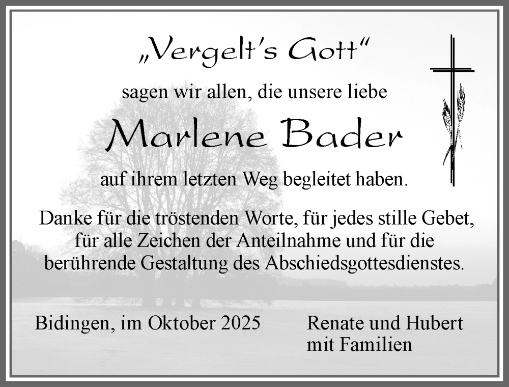  Traueranzeige für Marlene Bader vom 25.10.2025 aus Allgäuer Zeitung, Marktoberdorf