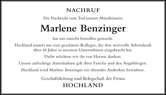 Traueranzeige von Marlene Benzinger von Der Westallgäuer