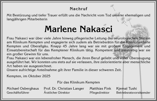 Traueranzeige von Marlene Nakasci von Allgäuer Zeitung,Kempten