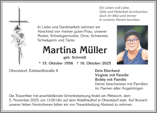 Traueranzeige von Martina Müller von Allgäuer Anzeigeblatt