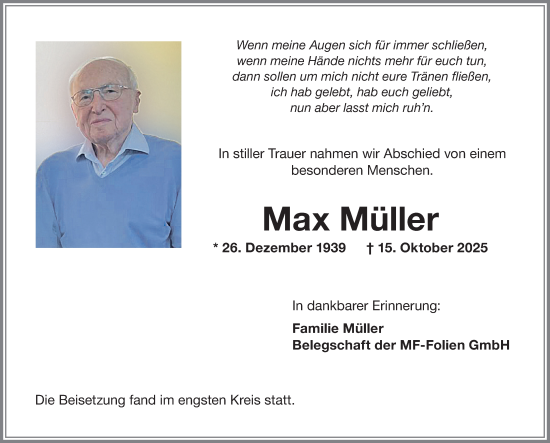 Traueranzeige von Max Müller von Allgäuer Zeitung,Kempten