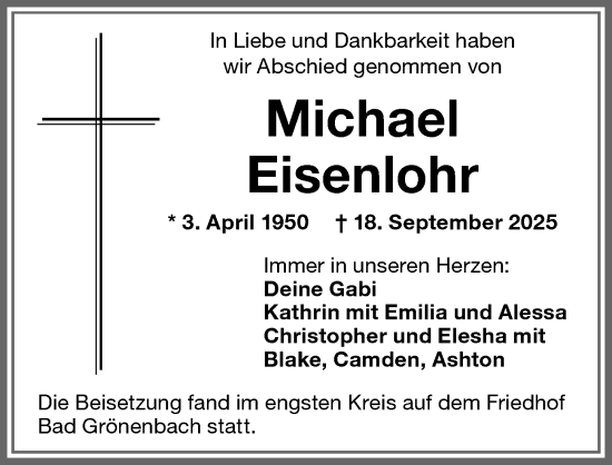 Traueranzeige von Michael Eisenlohr von Memminger Zeitung