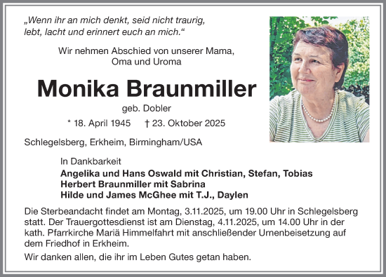 Traueranzeige von Monika Braunmiller von Memminger Zeitung