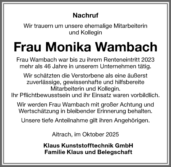 Traueranzeige von Monika Wambach von Memminger Zeitung