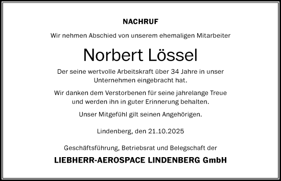 Traueranzeige von Norbert Lössel von Der Westallgäuer