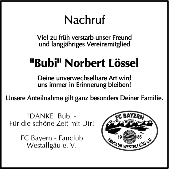 Traueranzeige von Norbert Lössel von Der Westallgäuer