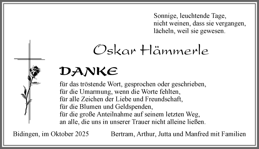  Traueranzeige für Oskar Hämmerle vom 04.10.2025 aus Allgäuer Zeitung, Marktoberdorf