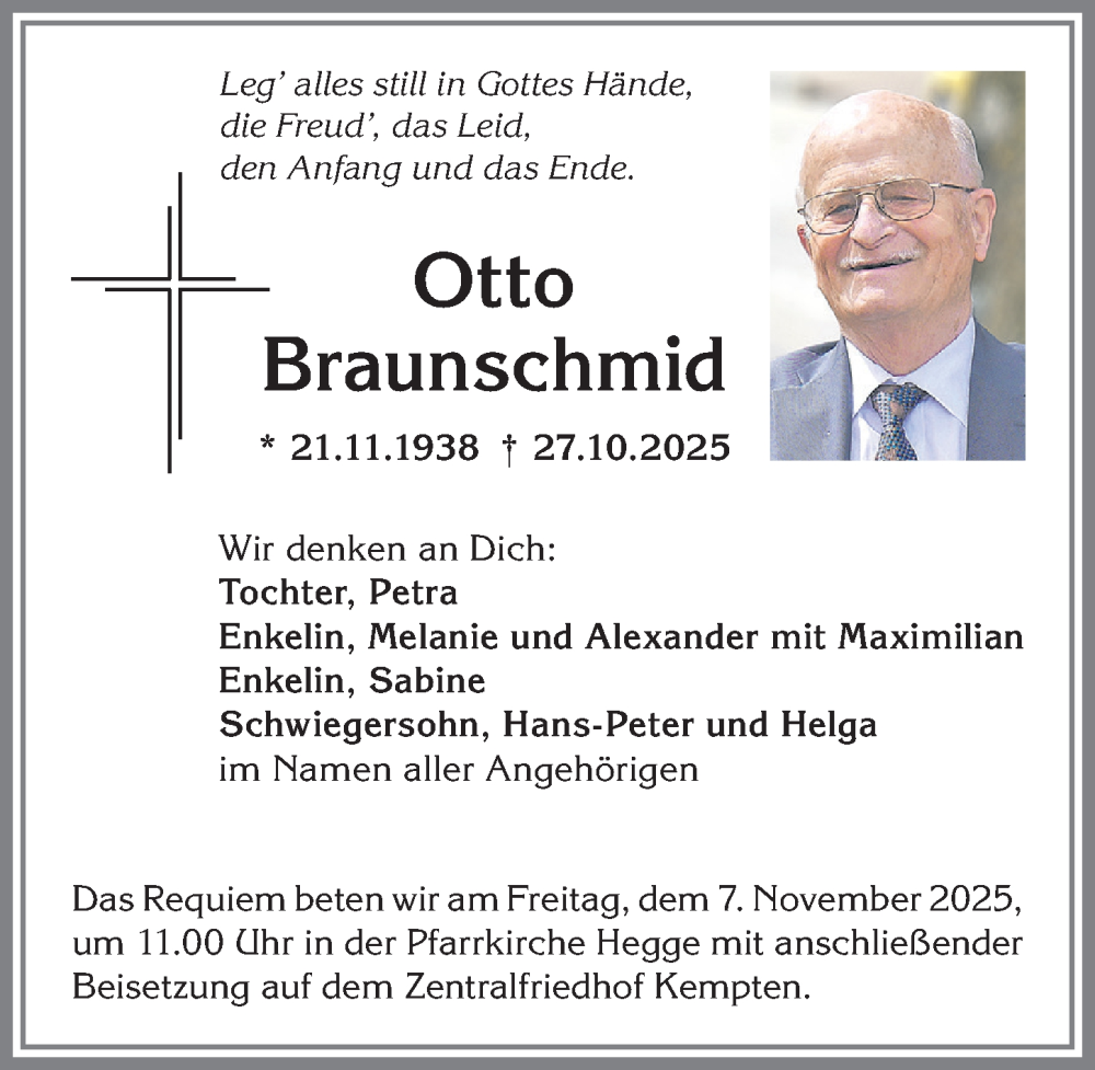  Traueranzeige für Otto Braunschmid vom 31.10.2025 aus Allgäuer Zeitung,Kempten