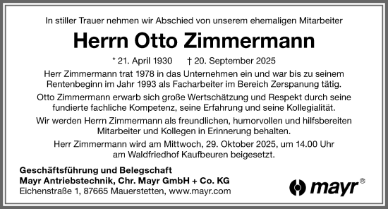 Traueranzeige von Otto Zimmermann von Allgäuer Zeitung, Kaufbeuren/Buchloe