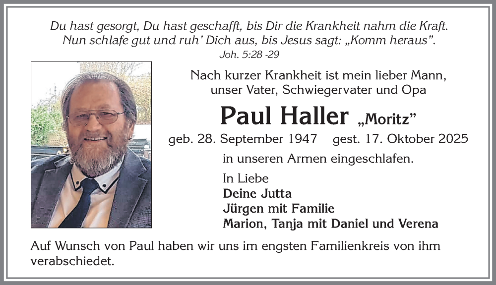  Traueranzeige für Paul Haller vom 31.10.2025 aus Allgäuer Zeitung, Marktoberdorf