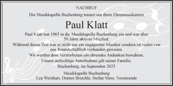 Traueranzeige von Paul Klatt von Allgäuer Zeitung,Kempten