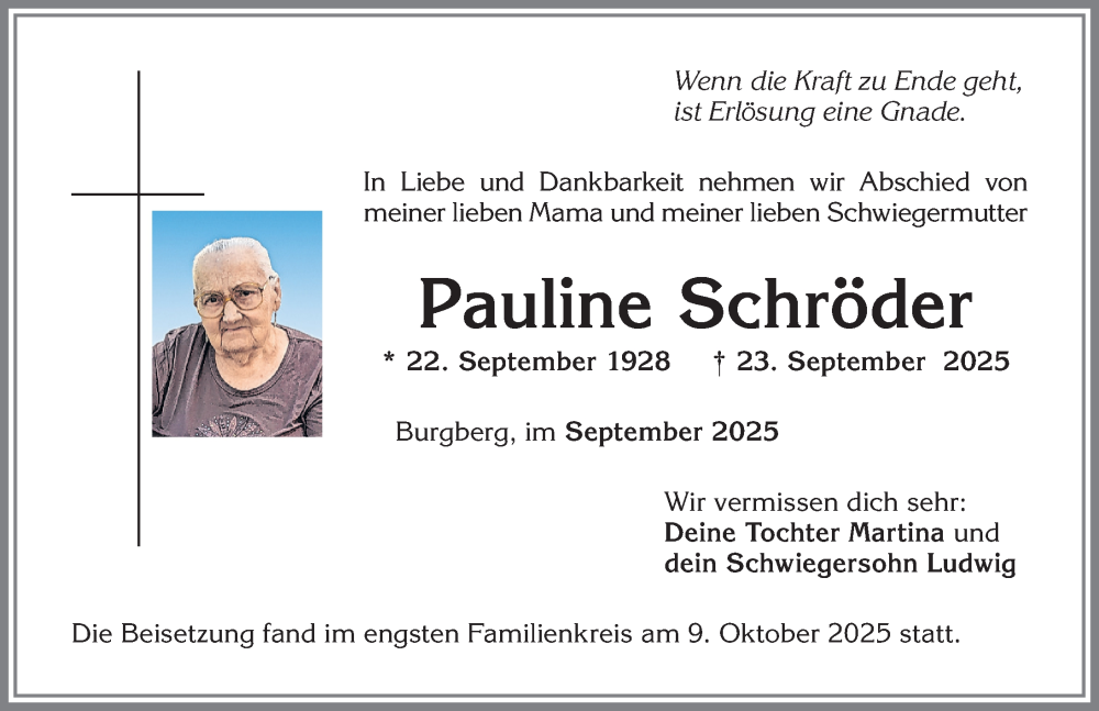  Traueranzeige für Pauline Schröder vom 15.10.2025 aus Allgäuer Anzeigeblatt