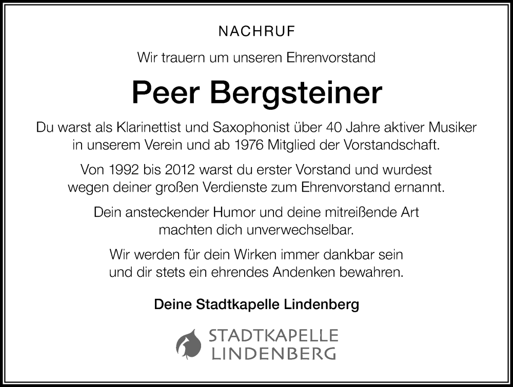  Traueranzeige für Peer Bergsteiner vom 01.10.2025 aus Der Westallgäuer