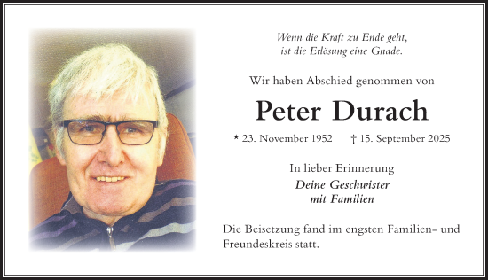 Traueranzeige von Peter Durach von Der Westallgäuer