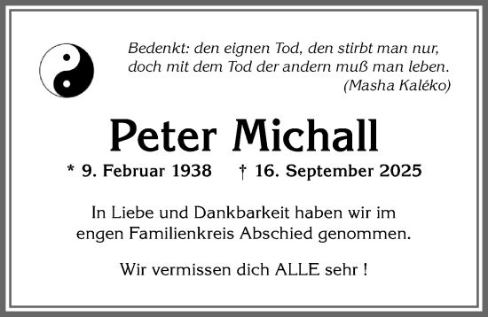 Traueranzeige von Peter Michall von Allgäuer Zeitung, Kaufbeuren/Buchloe
