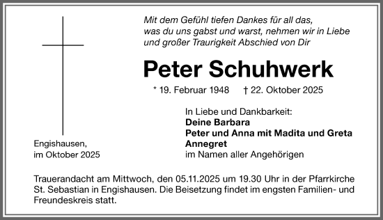 Traueranzeige von Peter Schuhwerk von Memminger Zeitung