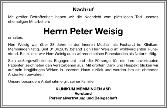Traueranzeige von Peter Weisig von Memminger Zeitung