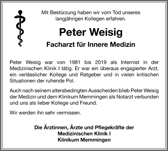 Traueranzeige von Peter Weisig von Memminger Zeitung