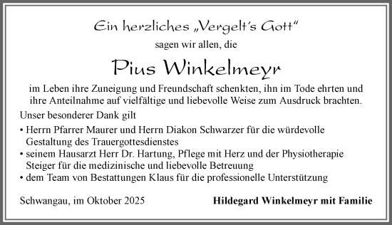 Traueranzeige von Pius Winkelmeyr von Allgäuer Zeitung, Füssen