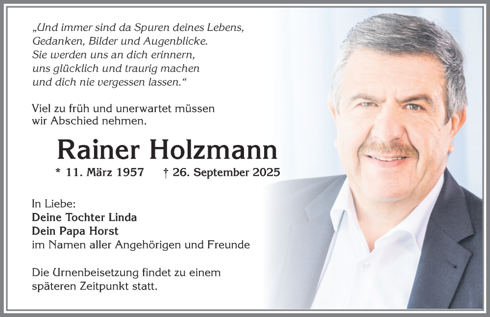  Traueranzeige für Rainer Holzmann vom 02.10.2025 aus Allgäuer Zeitung, Kaufbeuren/Buchloe