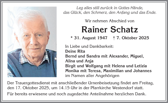 Traueranzeige von Rainer Schatz von Allgäuer Zeitung, Kaufbeuren/Buchloe