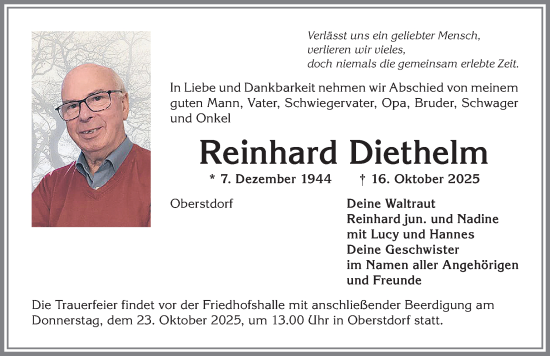 Traueranzeige von Reinhard Diethelm von Allgäuer Anzeigeblatt