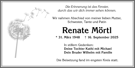 Traueranzeige von Renate Mörtl von Allgäuer Zeitung,Kempten