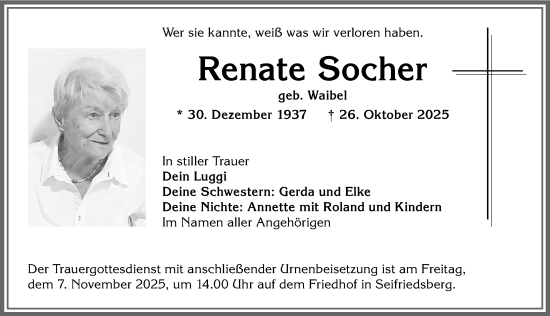 Traueranzeige von Renate Socher von Allgäuer Anzeigeblatt